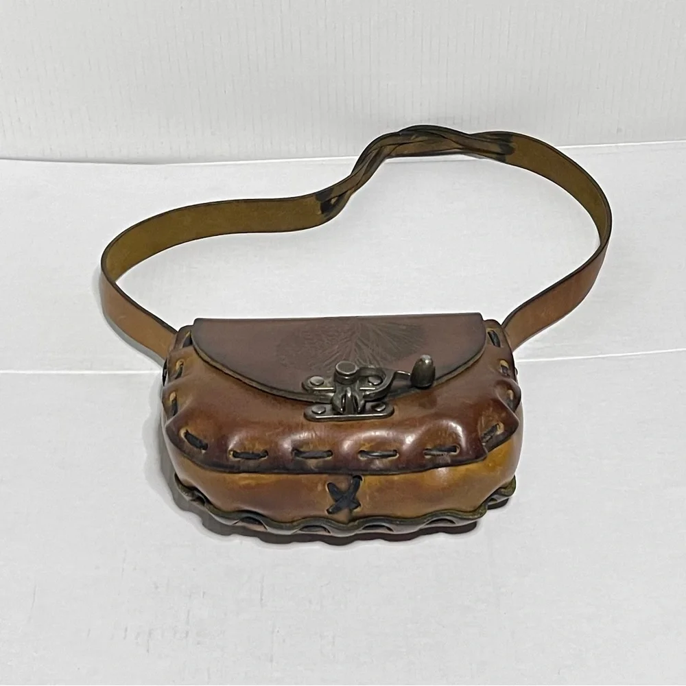 Vintage Tooled Leather Structured Crossbody Bag - Picture 9 of 15
